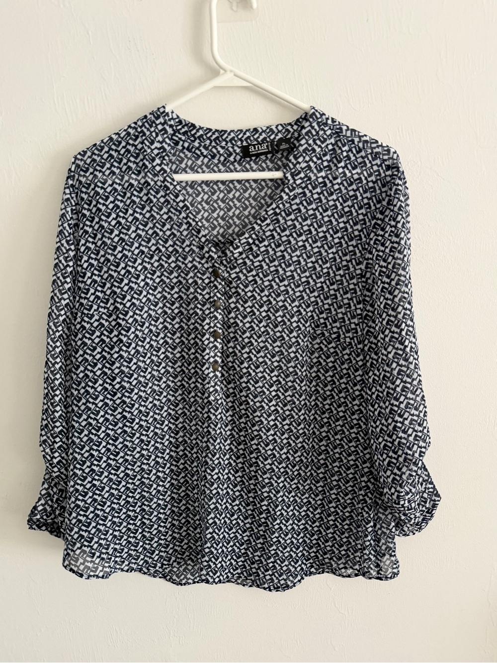 a.n.a Navy and White Geometric Henley Blouse